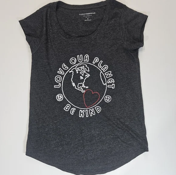 Lucky Brand T-shirt Womens Small Black White Love Our Planet Environmental Tee - Picture 1 of 6